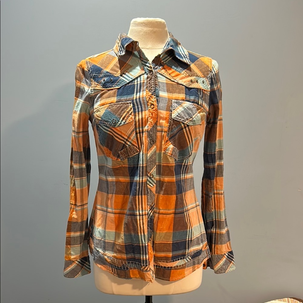 BKE Orange and Blue plaid Western wear Fitted Long Sleeve Notched Collar Shirt